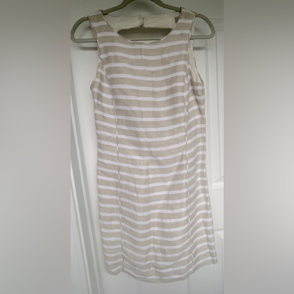 Banana republic, white, and tan fully lined linen dress (pre-owned), size 4